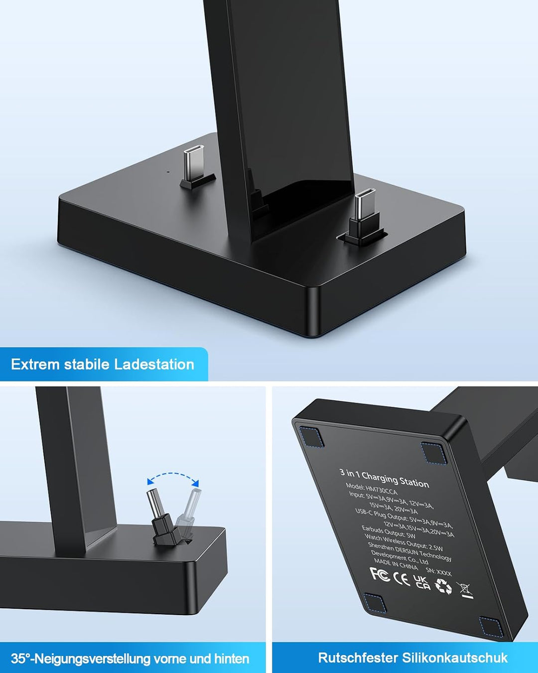 Ladestation für mehrere Geräte – ADADPU 30W USB C Schnellladestation,3 in 1 Kabelloser Ladeständer f