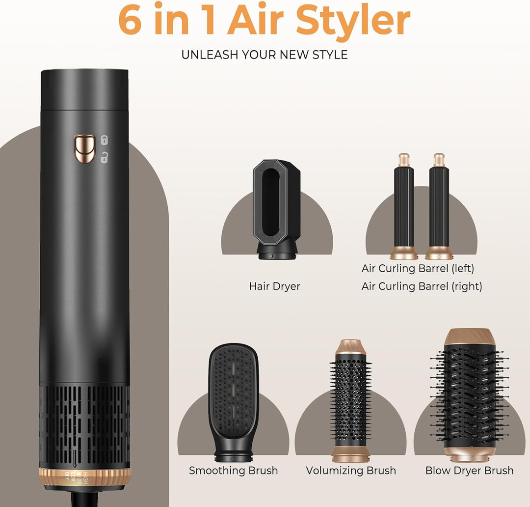 6 in 1 Hairstyler, Professioneller Haarstyler Föhn, 30mm Lockenstab Warmluft Curler, All in One Airs