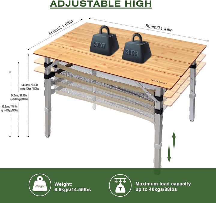 WKFAMOUT Klapptisch Campingtisch Bambus Klappbar Höhenverstellbar 80x55 cm Outdoor Gartentisch 4 Fal