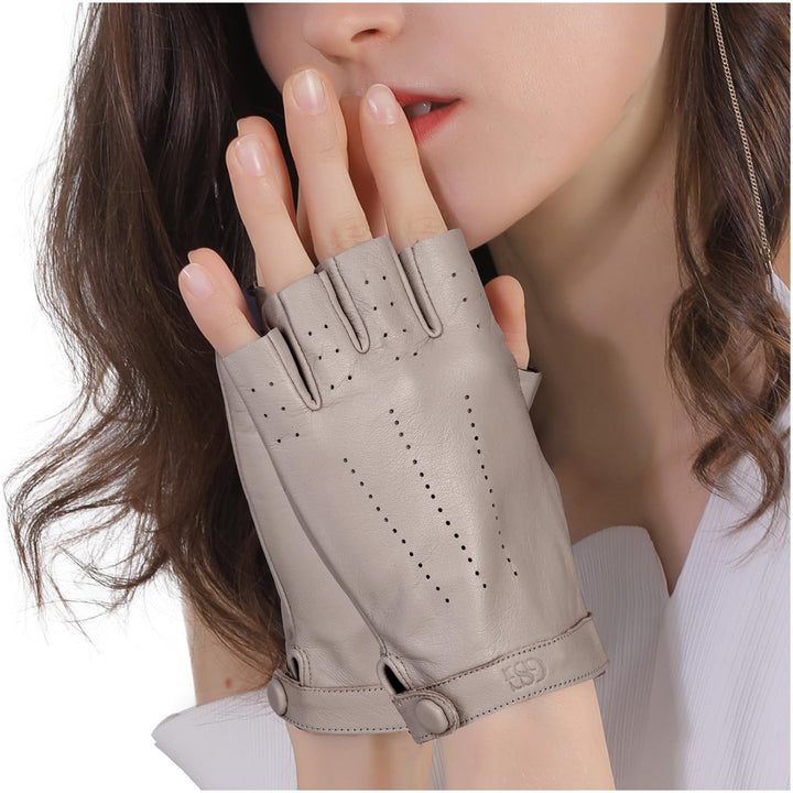 GSG Fingerlose Lederhandschuhe Damen aus echtem Leder Ungefütterte Halbfinger-Fahrhandschuhe aus Sch