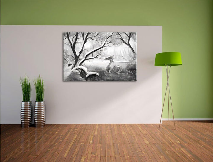 Pixxprint Drache im schneebedeckten Wald / 100x70cm Leinwandbild bespannt auf Holzrahmen/Wandbild Ku