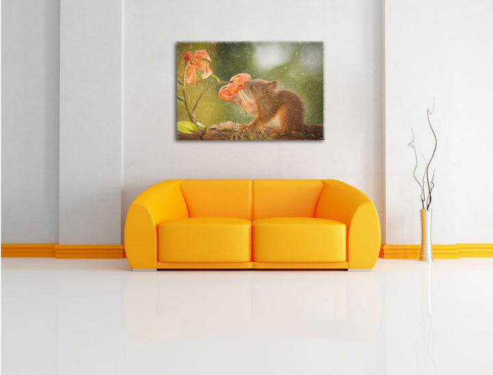 Pixxprint Eichhörnchen riecht an Einer Blume als Leinwandbild/Grösse: 100x70 cm/Wandbild/Kunstdruck/