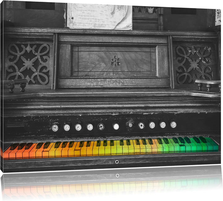 altes Klavier mit bunten Tasten schwarz/weiss Format: 100x70 auf Leinwand, XXL riesige Bilder fertig
