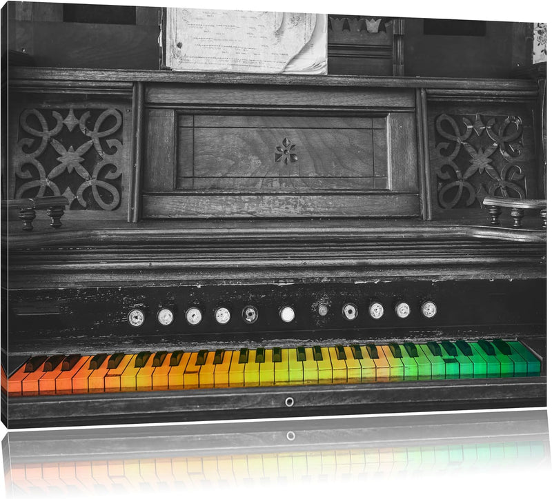 altes Klavier mit bunten Tasten schwarz/weiss Format: 100x70 auf Leinwand, XXL riesige Bilder fertig