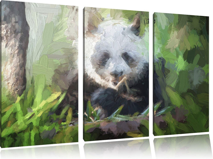 Pixxprint Niedlicher Panda isst Bambus Kunst Pinsel Effekt 3-Teiler Leinwandbild 120x80 Bild auf Lei