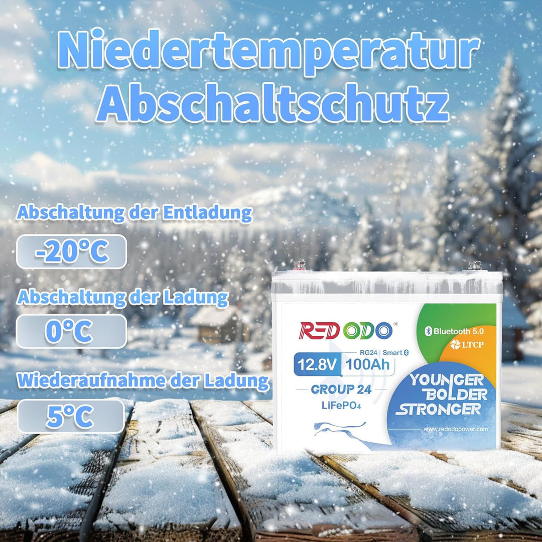 Redodo 12V 100Ah LiFePO4 Batterie mit Bluetooth, 100A BMS, 1280Wh, bis zu 15000 Zyklen, 10 Jahre Leb