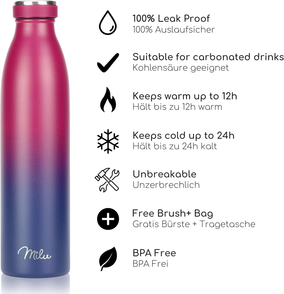 Milu Edelstahl Trinkflasche 350ml, 500ml, 750ml, 1L, 1,5L – Thermosflasche für Kinder Erwachsene aus