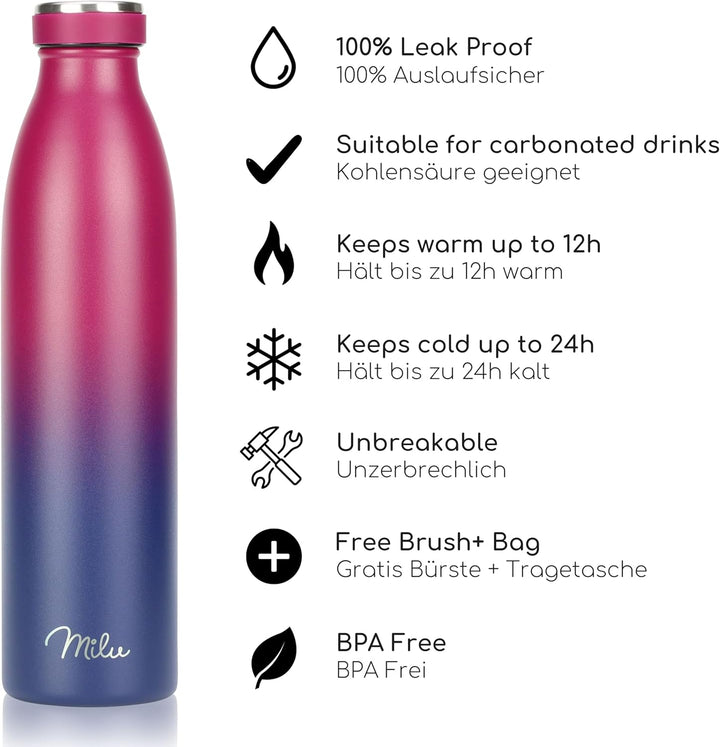 Milu Edelstahl Trinkflasche 350ml, 500ml, 750ml, 1L, 1,5L – Thermosflasche für Kinder Erwachsene aus