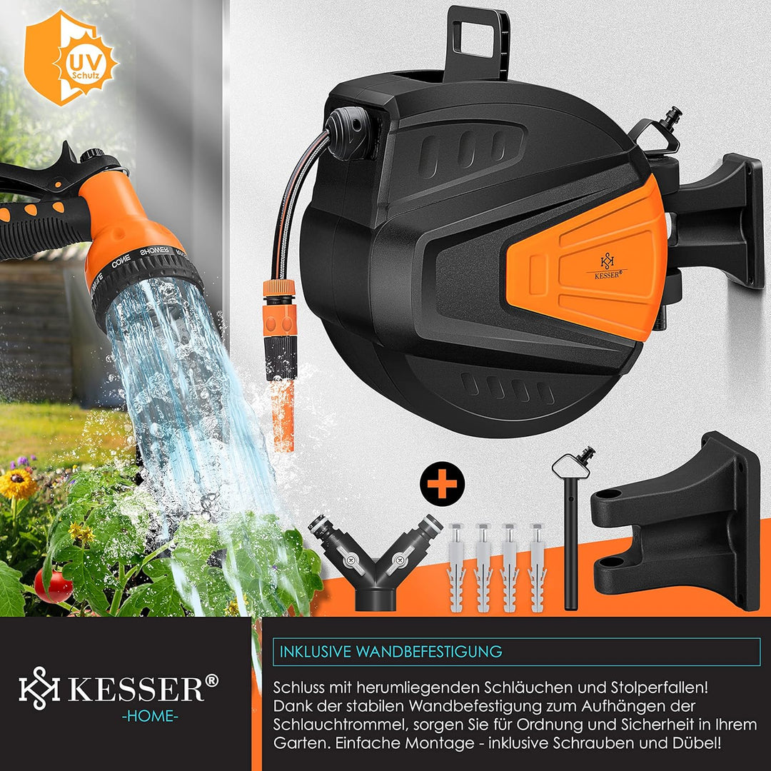 KESSER® Schlauchtrommel Wasser 20+2m Schlauchaufroller Inkl. 2-Wege-Verteiler + Multi-Handbrause Was