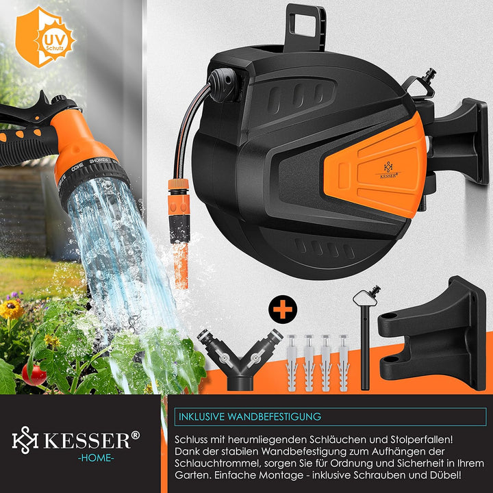 KESSER® Schlauchtrommel Wasser 20+2m Schlauchaufroller Inkl. 2-Wege-Verteiler + Multi-Handbrause Was