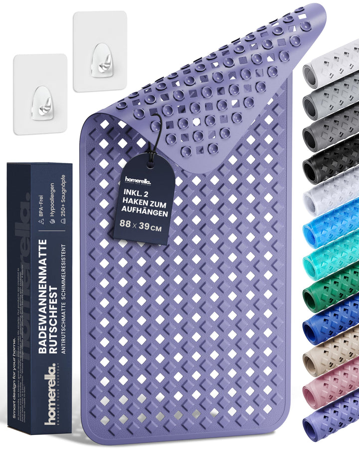 homerella® Badewannenmatte rutschfest 88x39cm, INKL. HAKEN, Rutschfeste Badematte BPA frei, Duschmat