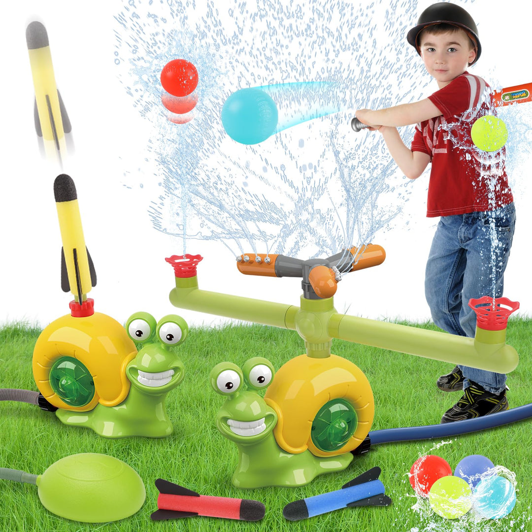 deAO 4-IN-1 Gartenspielzeug mit Wasserspritzfunktion und Schaumra: Baseball + Raketenstart mit 360°