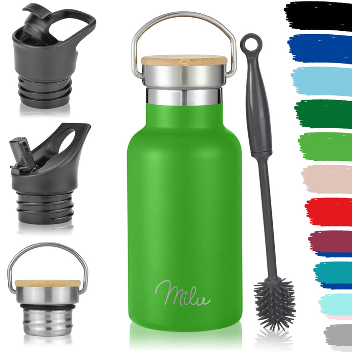 Milu Edelstahl Trinkflasche 350ml 500ml 750ml 1000ml (+3 Deckel) Thermosflasche mit Strohhalm Isolie