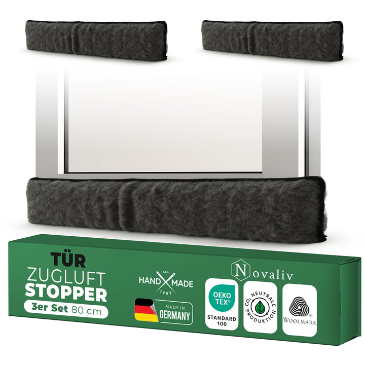 Zugluftstopper für Türen 80cm Anthrazit Schurwolle – stoppt Zugluft & Kälte, dämpft Lärm/Staub/Licht