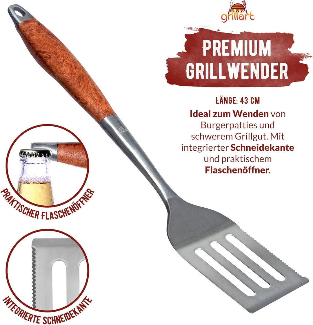 grillart® Premium Grillbesteck Set, 3-teilig aus hochwertigem Edelstahl und edlen Holzgriffen – Gril