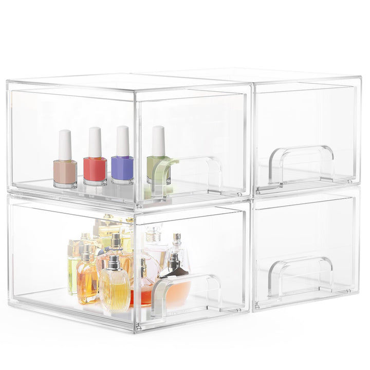 4 Stück Badschrank Organizer Box, Stackable Acryl Aufbewahrungsbox Schublade mit 32 rutschfeste Matt