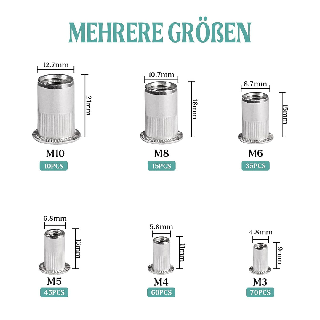Jayzuum 235 Stück Nietmuttern Sortiment Set, M3 M4 M5 M6 M8 M10 A2-70 Edelstahl Zugnietmutter Rivet