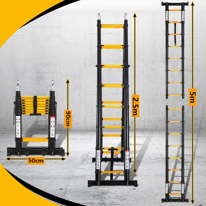 Eulenke teleskopleiter klappleiter 2,5M+2,5M Aluleiter 8+8 Stufen Stehleiter Klappleiter, 150 kg Bel