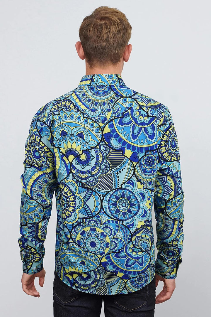 HISDERN Herren Paisley Hemd Langarm Satin Blumen Muster Hemd für Männer Jacquard Stickerei Freizeith