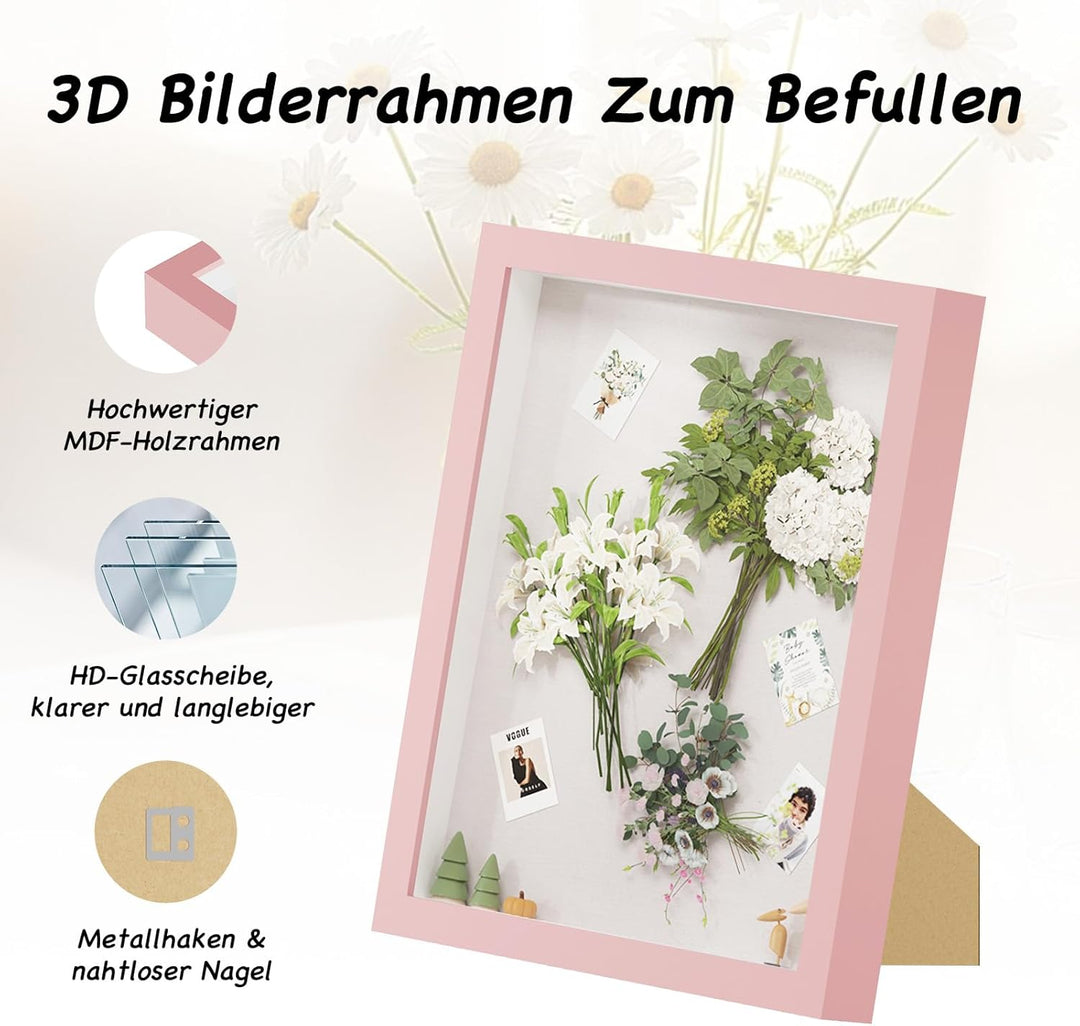 Muzilife 3D Bilderrahmen zum Befüllen mit Echter Glasscheibe, 24x30x2,5cm Tiefer MDF Rahmen, Objektr
