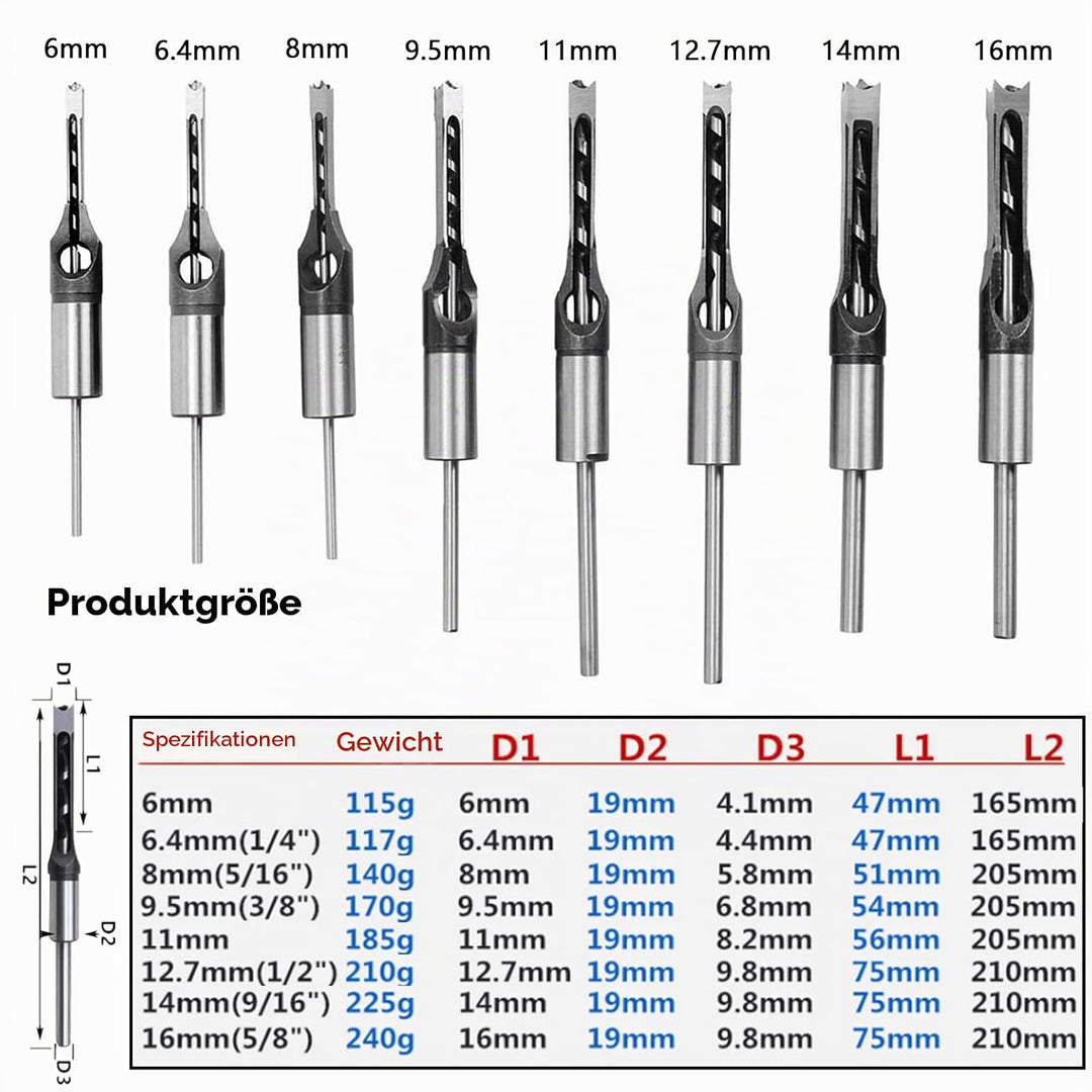 8 Stück Vierkantlochbohrer, Holzbearbeitungsstechbohrer 6/6,4/8/9,5/11/12,7/14/16mm Vierkantlochbohr
