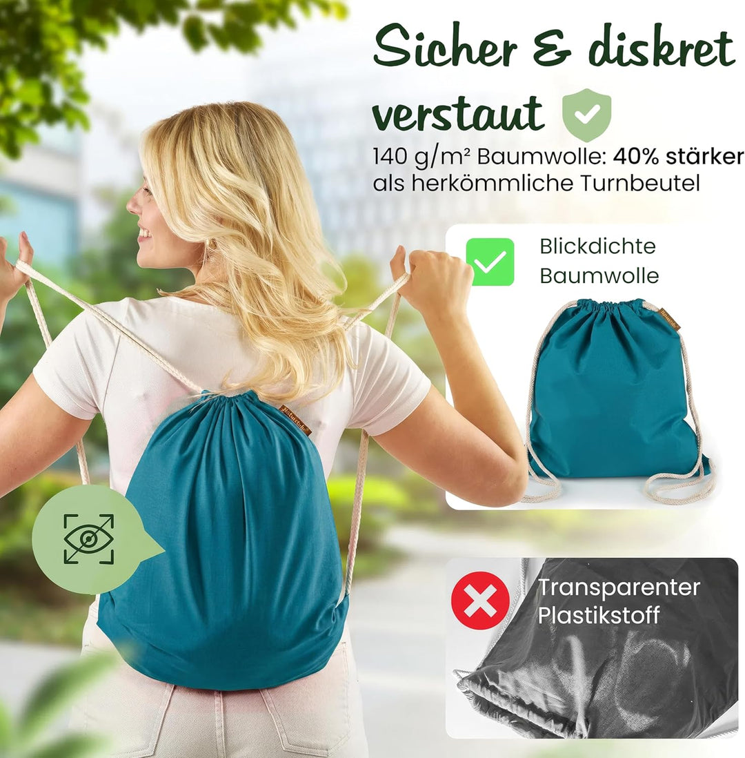 Baumwoll 10er Set Petrol farbene Turnbeutel Sportbeutel Zuziehbeutel Gymsack Sack Jute Schule Rucksa