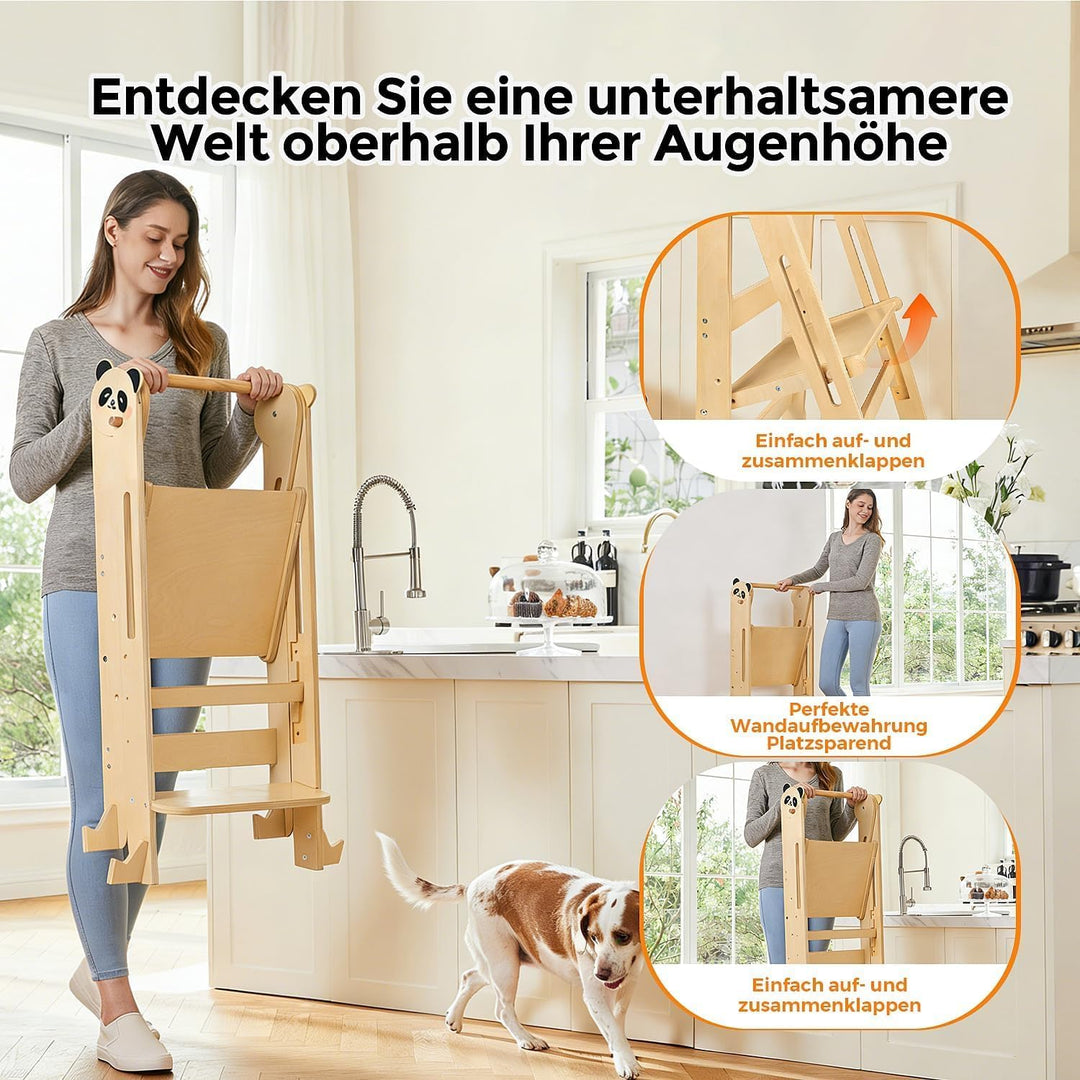 Lernturm Montessori Platzsparend und Höhenverstellbar Klappbar Lernstuhl für Kinder mit Kippschutz &