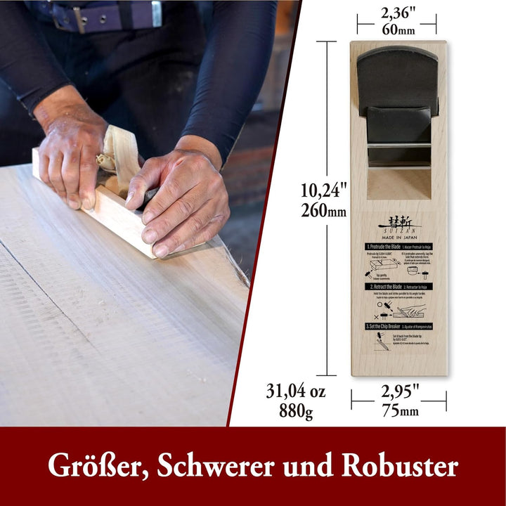 SUIZAN Japanischer Holzblock Hobel Kanna 2,4 Zoll (60 mm) Handhobel Japanische Holzbearbeitungswerkz