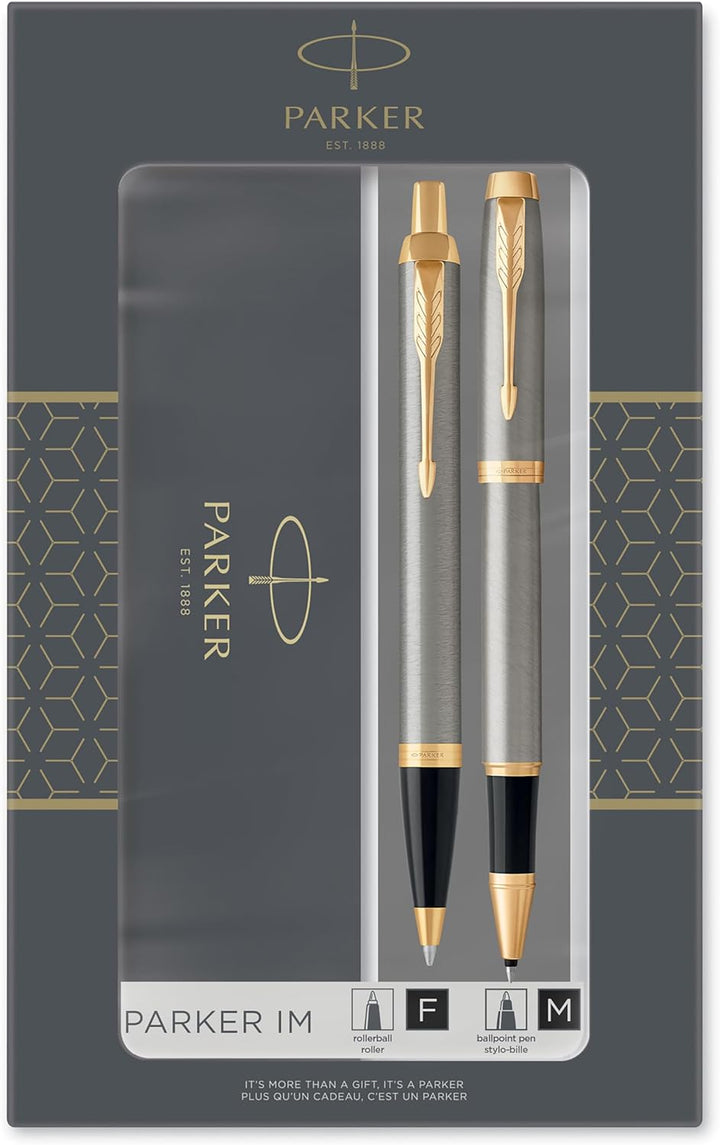 Parker IM Duo-Geschenkset mit Kugelschreiber & Tintenroller | Brushed Metal mit Goldzierteilen | Nac