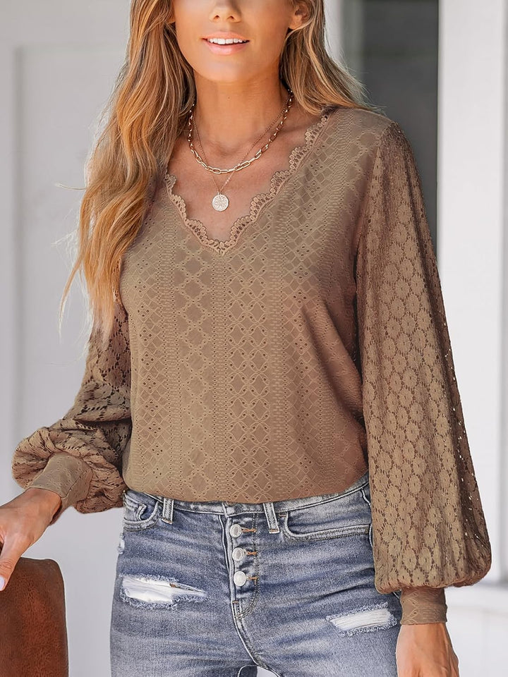 CUPSHE Damen Blusen V-Ausschnitt Spitzen Wellenkante Puffärmel Langarmshirt Lässige Lace Oberteile T