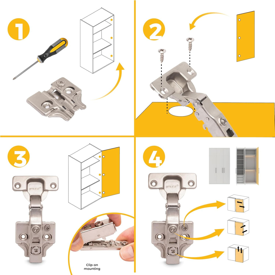 Emuca 1011007 Pack aus 20 Topfscharnieren Ø35mm 100° für sich überlappende Türen und Zusätze zum Fes