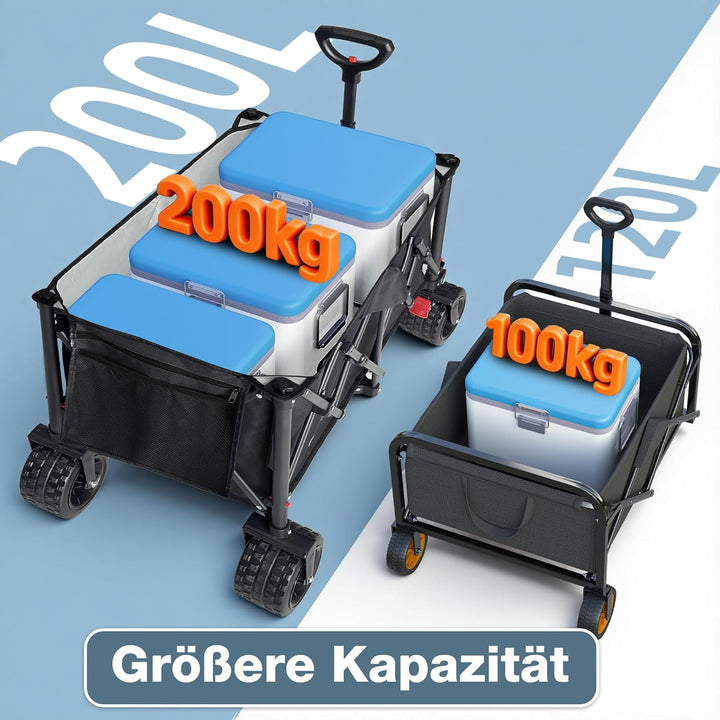 COMLAX FIELD Bollerwagen Faltbar 200L 200KG, Faltbarer Bollerwagen mit Breiten Rädern, Strandwagen K