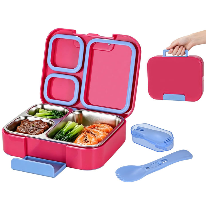 Brotdose Edelstahl-Lunchbox 1100ml 3 Fächern Rosenrot | Für Kinder und Erwachsene, Auslaufsicher, Mi
