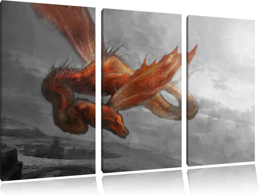 Pixxprint Roter Schlangendrache als Leinwandbild/Grösse: 3 Teilig (120x80) cm/Wandbild/Kunstdruck/fe