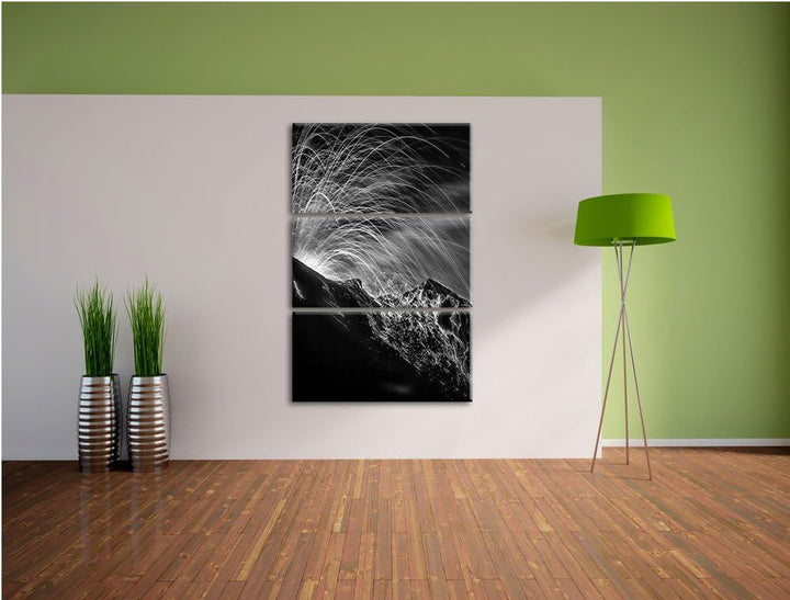Pixxprint Monocrome, Bedrohlicher Vulkanausbruch 3-Teiler Leinwandbild 120x80 Bild auf Leinwand
