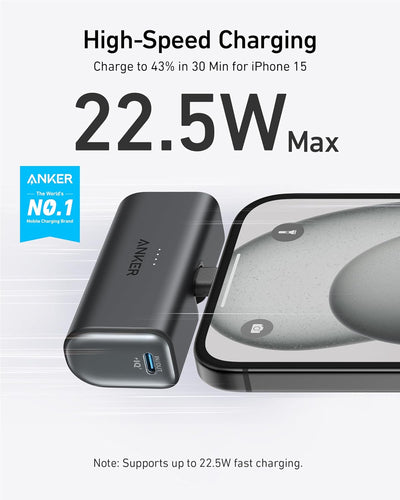 Anker Nano Powerbank, 5000mAh Powerbank 22,5W, Integrierter Faltbarer USB-C Konnektor, Kompatibel mi