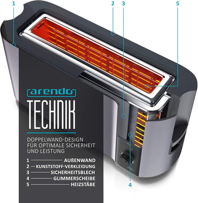 Arendo - Toaster Langschlitz 2 Scheiben - Defrost Funktion - 1000W - Doppelwandgehäuse - Integrierte