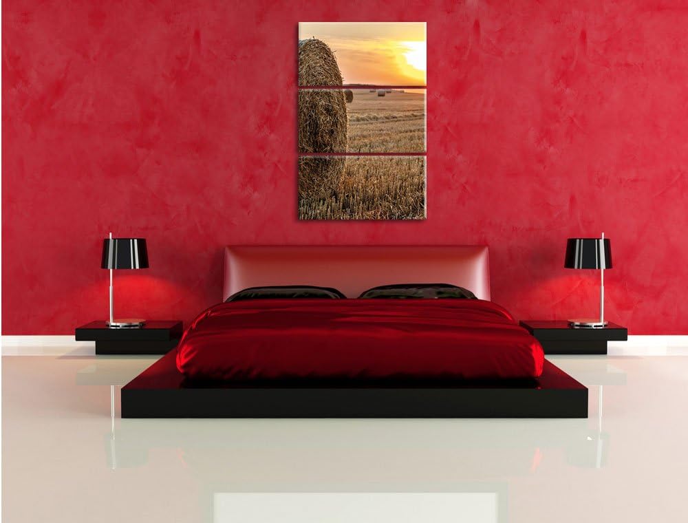 Pixxprint Strohballen auf Feld als Leinwandbild/Grösse: 3 Teilig (120x80) cm/Wandbild/Kunstdruck/fer