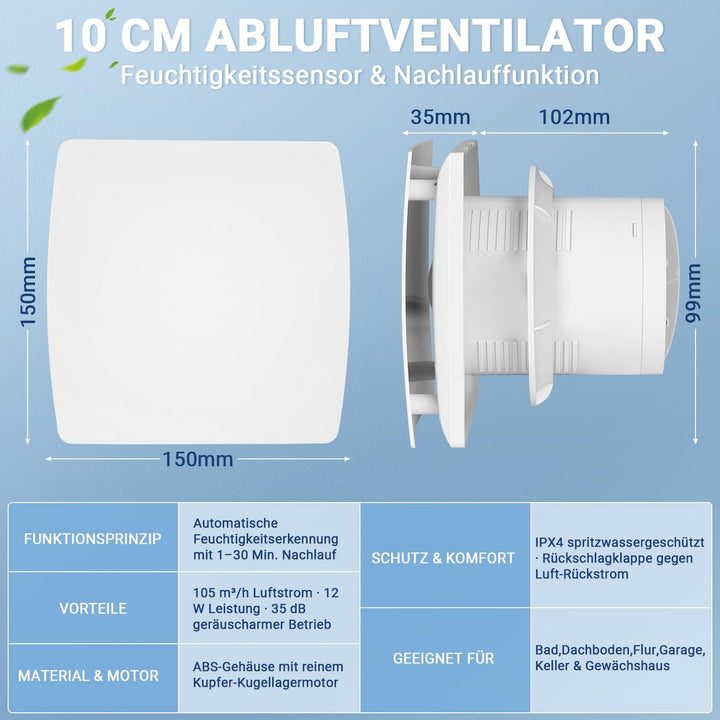 Badlüfter 100 mm mit Feuchtigkeitssensor &amp; Timer 100mm, 100mm