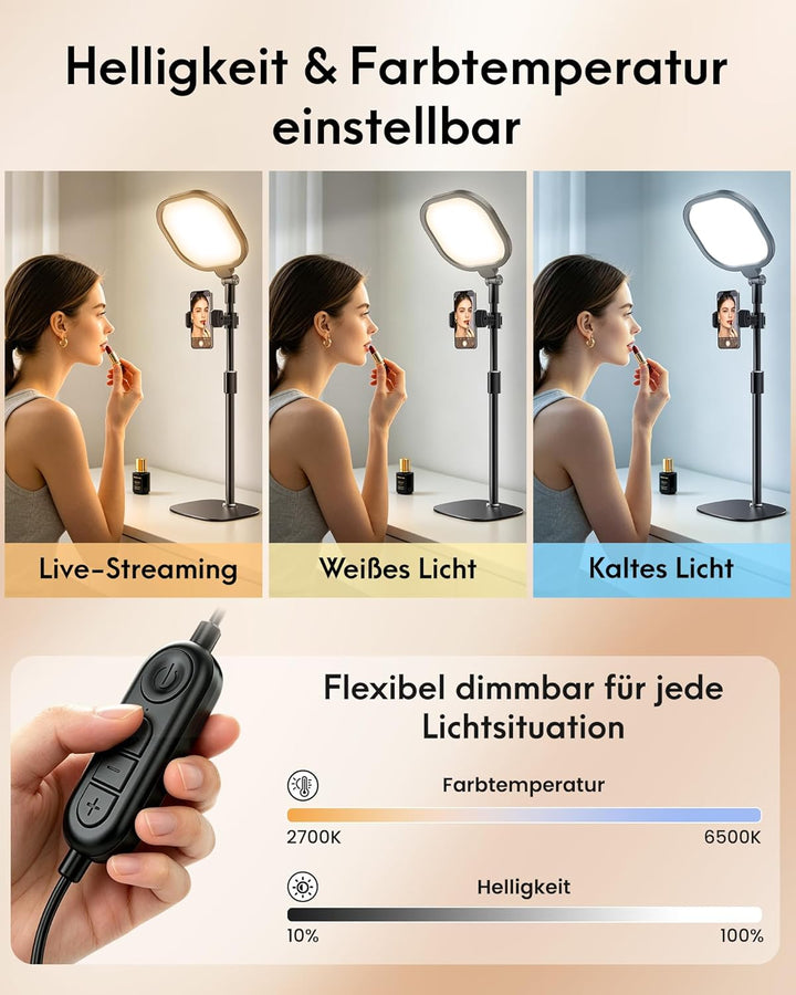 Ringlicht mit Stativ, Ring Licht für Laptop mit Handy Stativ 3 Lichtfarben 10 Helligkeiten Tisch Sel