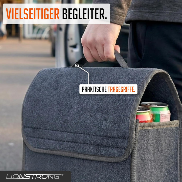 Auto Kofferraumtasche [HOCHWERTIGER FILZ] – Faltbar – Rutschfest mit Klettbändern zu befestigen – We