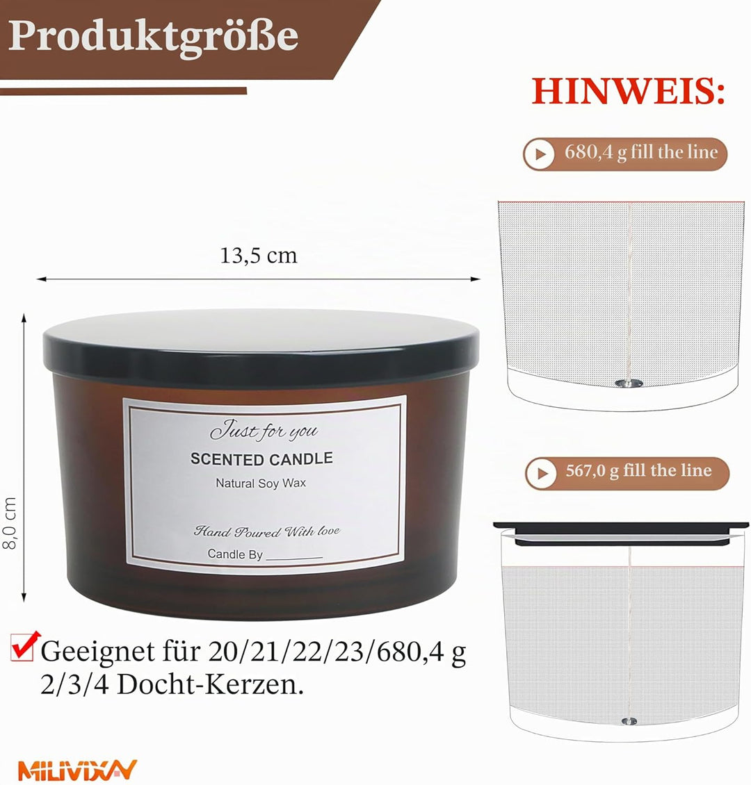 MILIVIXAY 6 x 680 ml Kerzengläser mit Metalldeckel und Kerzenherstellungs-Kits – 3 Docht-Kerzenglas,