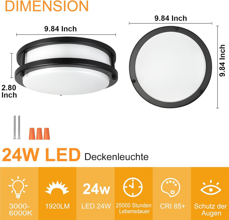 Depuley Deckenlampe LED Deckenleuchte Rund 24W, 3000K-6000K, 1920LM, Modern Led Lampe wohnzimmer Bad