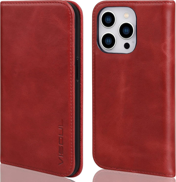 VISOUL Hülle für iPhone 14 Pro Handyhülle [Echtleder] [3 Kartenfächer] [Magnet] [Standfunktion], TPU