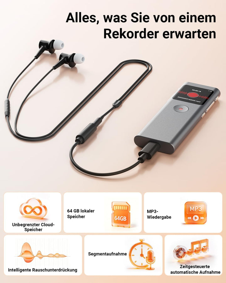KI Digitales Diktiergerät, Transkribieren und Zusammenfassen, Sprachaktivierte Aufnahme mit Playback