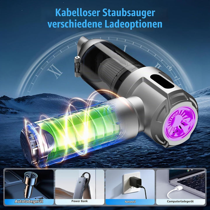 Handstaubsauger, 25000Pa Akkustaubsauger Stark, 4 in 1 Tragbar Akkustaubsauger mit Automatischer Ent