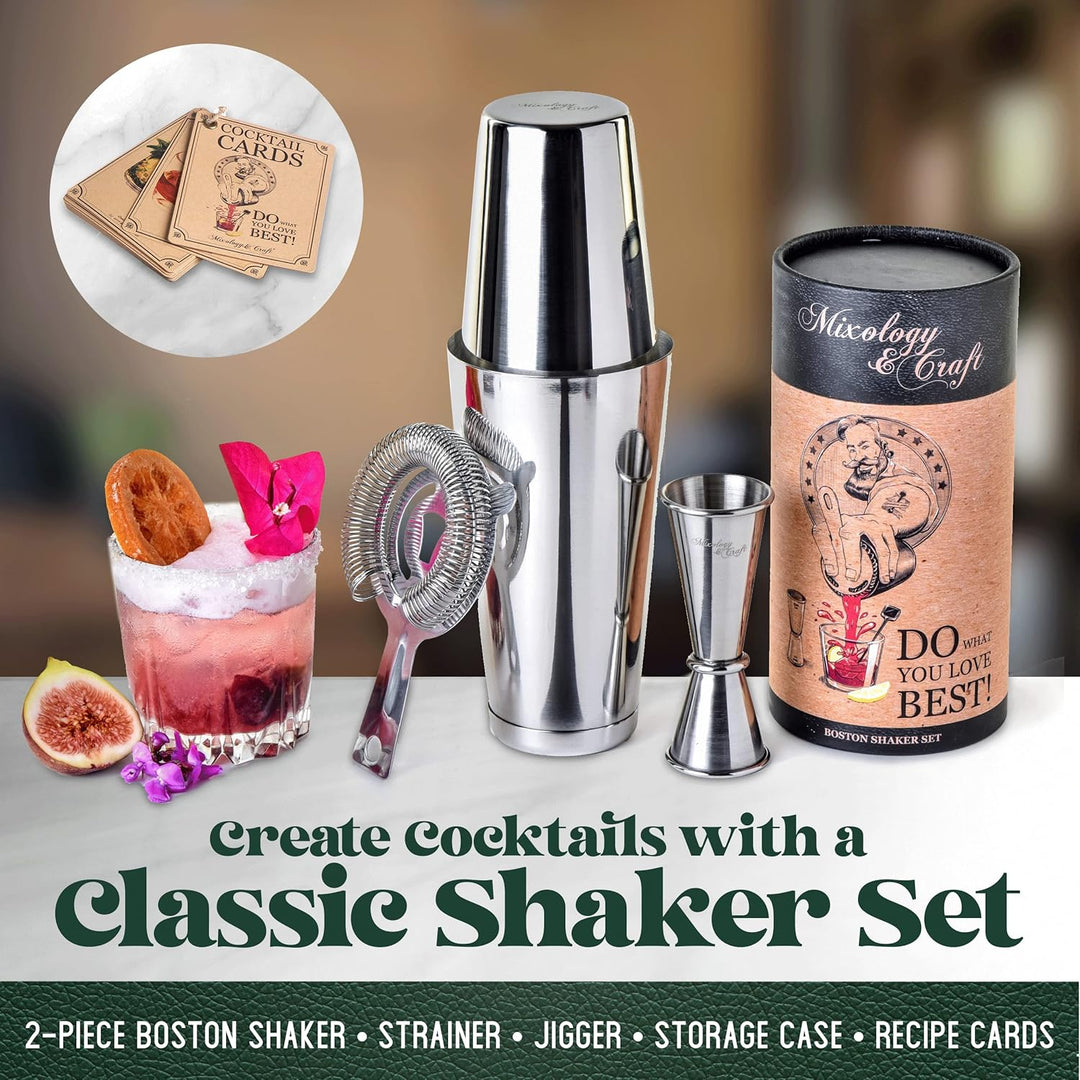 Professionelles Cocktail-Shaker-Set – Boston Shaker, Sieb & Japanischer Jigger | Inkl. exklusiver Re
