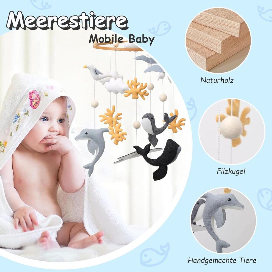 Meer Welt Mobile Baby Windspiele, 3D Delphine Walfisch Koralle Seevogel Mobile Baby Holz mit Filzbäl