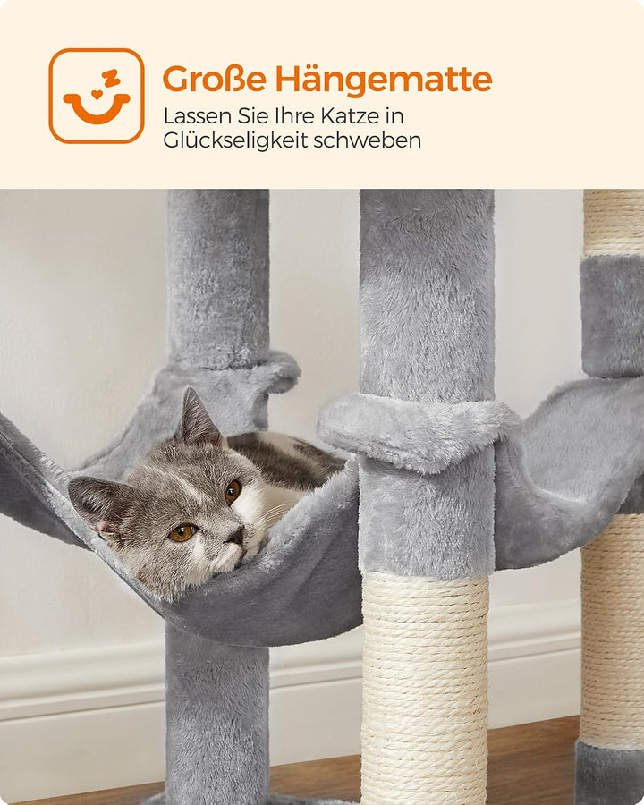 Feandrea Kratzbaum, 143 cm hoch, Katzenbaum, mehrstöckige Katzenhaus, mit 4 Kratzsäulen, 2 Plattform