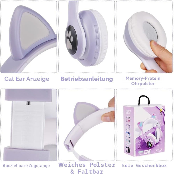 AXFEE Kinderkopfhörer Bluetooth, Katzenohr Over-Ear mit LED-Licht, Faltbar, Stereo, Kabellos mit Mik
